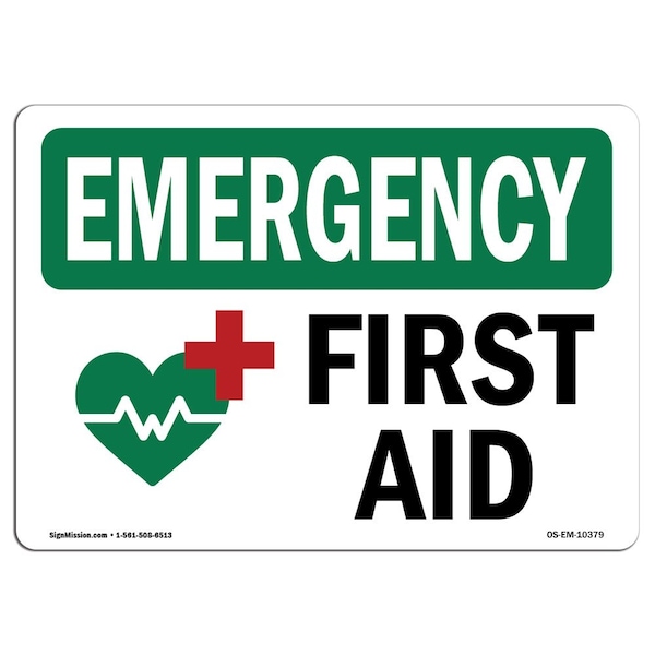 Safety Sign, OSHA EMERGENCY, 7" Height, Aluminum, First Aid, Landscape, OS-EM-L-10379
